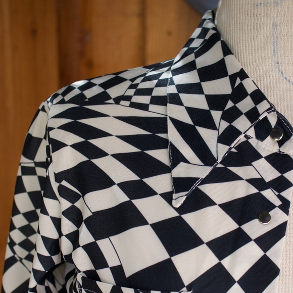 Vintage BEBE DISCO Black & White Checkered Long Sleeve Button Down Blouse - Picture 6 of 17